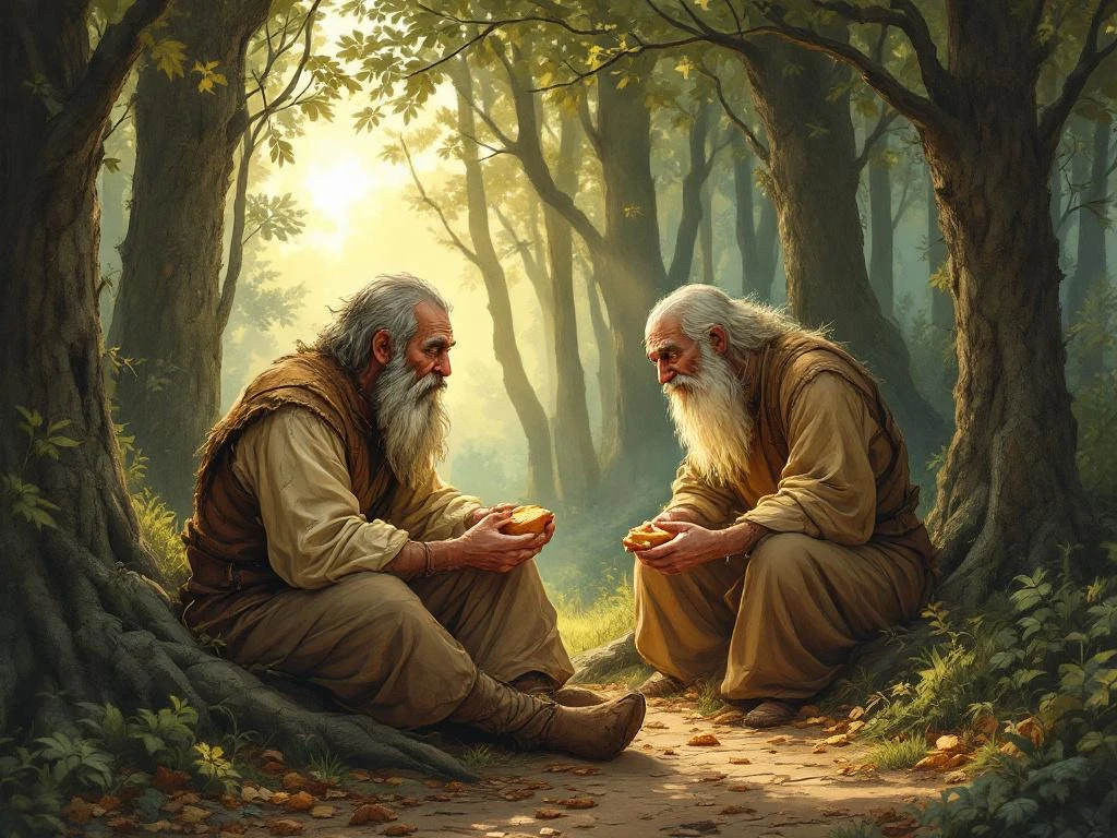 Ivan the Fool sharing bread with a mysterious old man in the forest