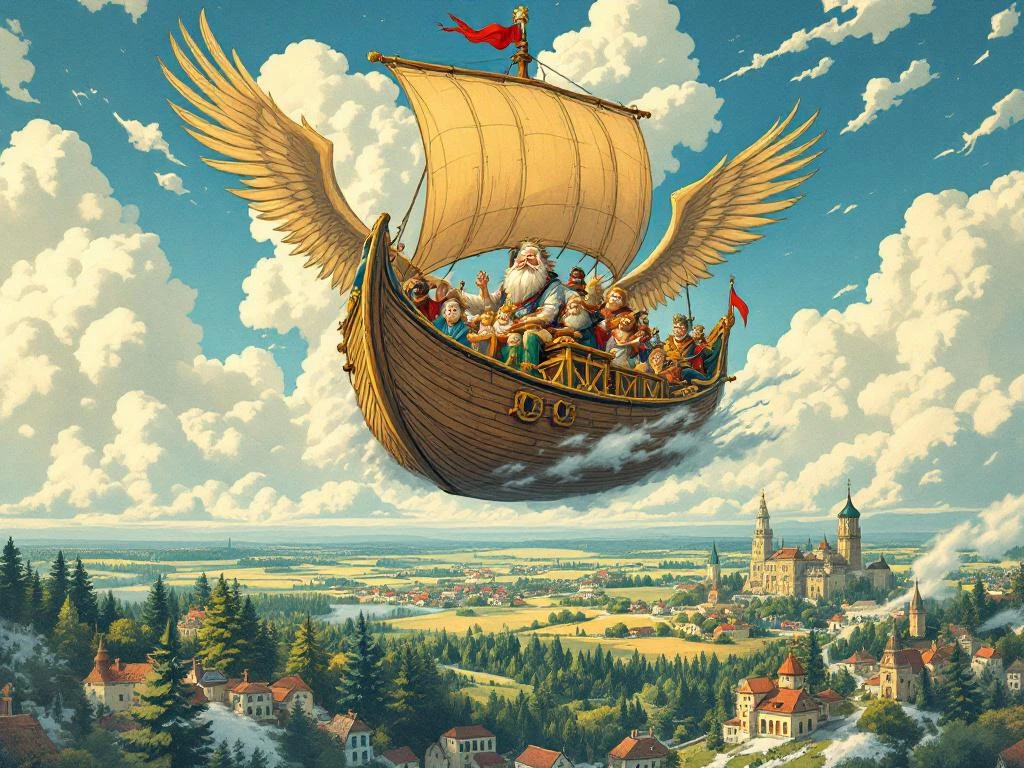 Ivan riding the magical flying ship with his seven helpers
