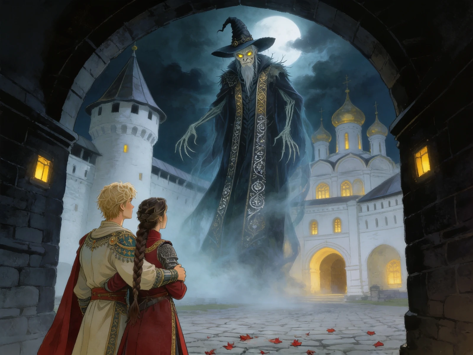 Koschei looming over Ivan Tsarevich and Marya Morevna in a moonlit courtyard