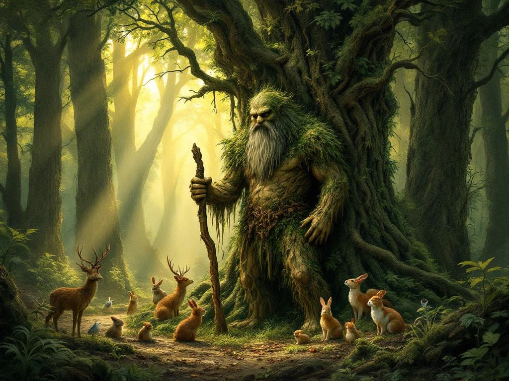 A Leshy appearing as a tall figure among the trees