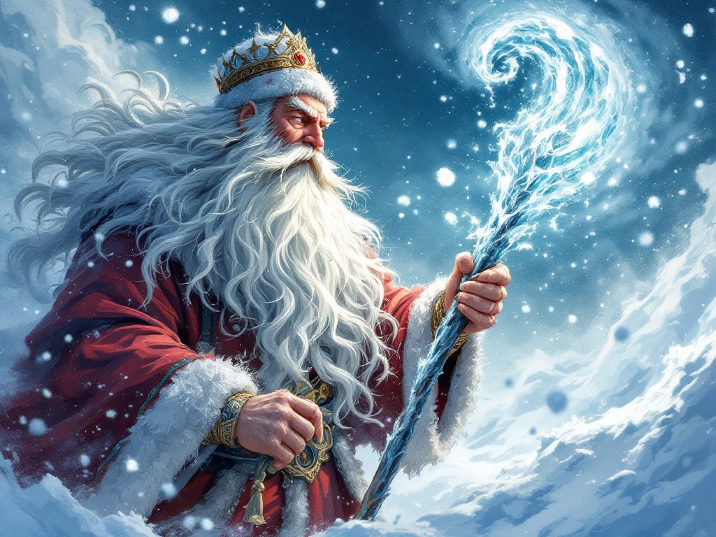 Traditional depiction of Morozko as a winter spirit with frost-covered beard and staff