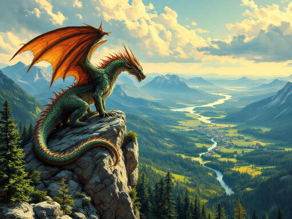 Zmey Gorynych breathing fire from its mountainous lair