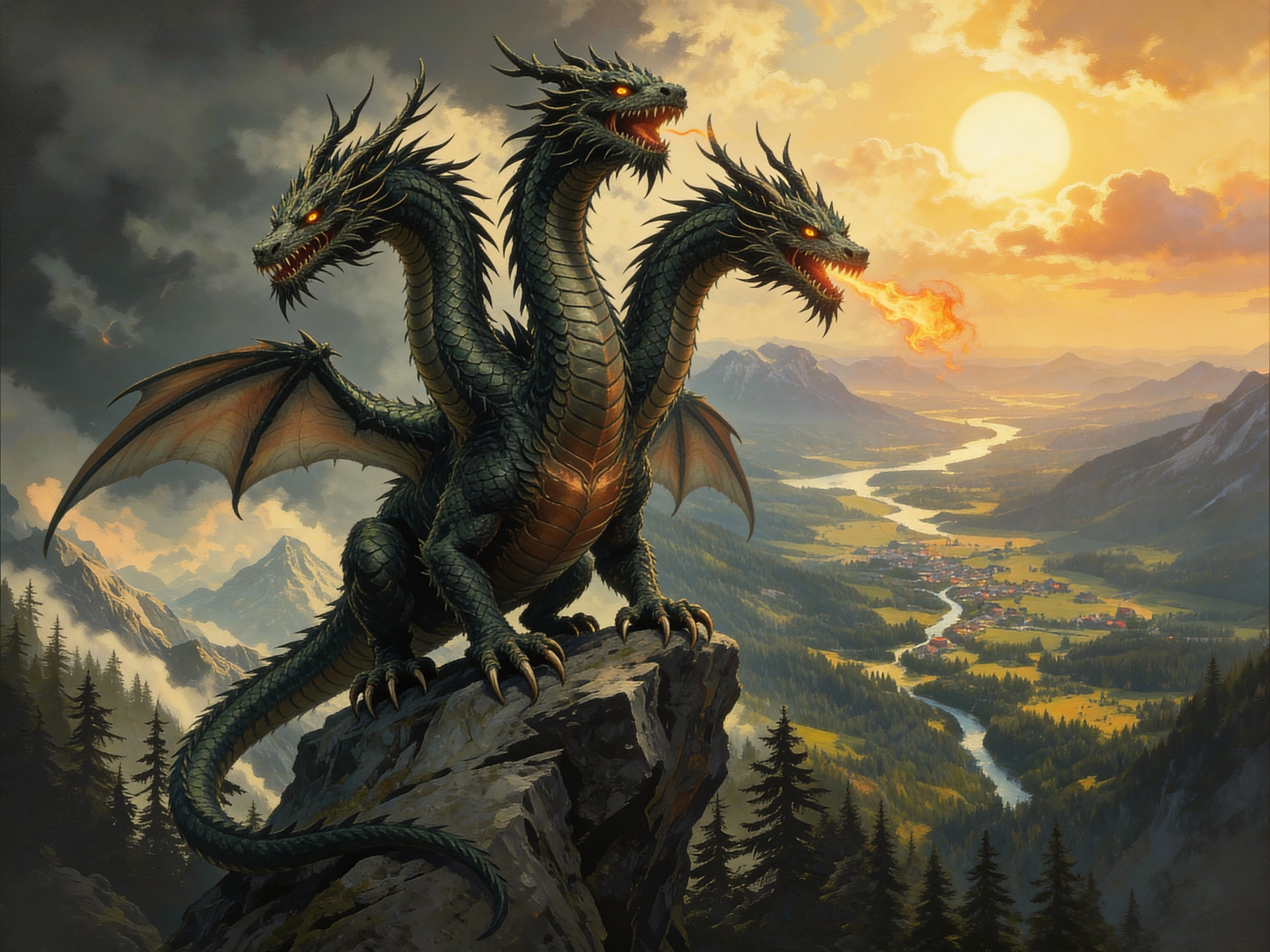 Zmey Gorynych breathing fire from its mountainous lair