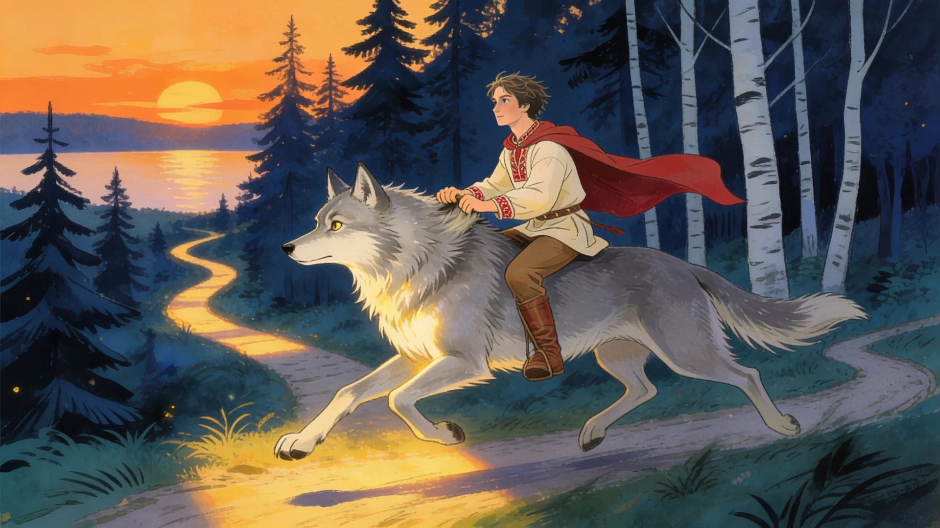 Ivan Tsarevich climbed onto the Gray Wolf, and off they raced, faster than any horse.