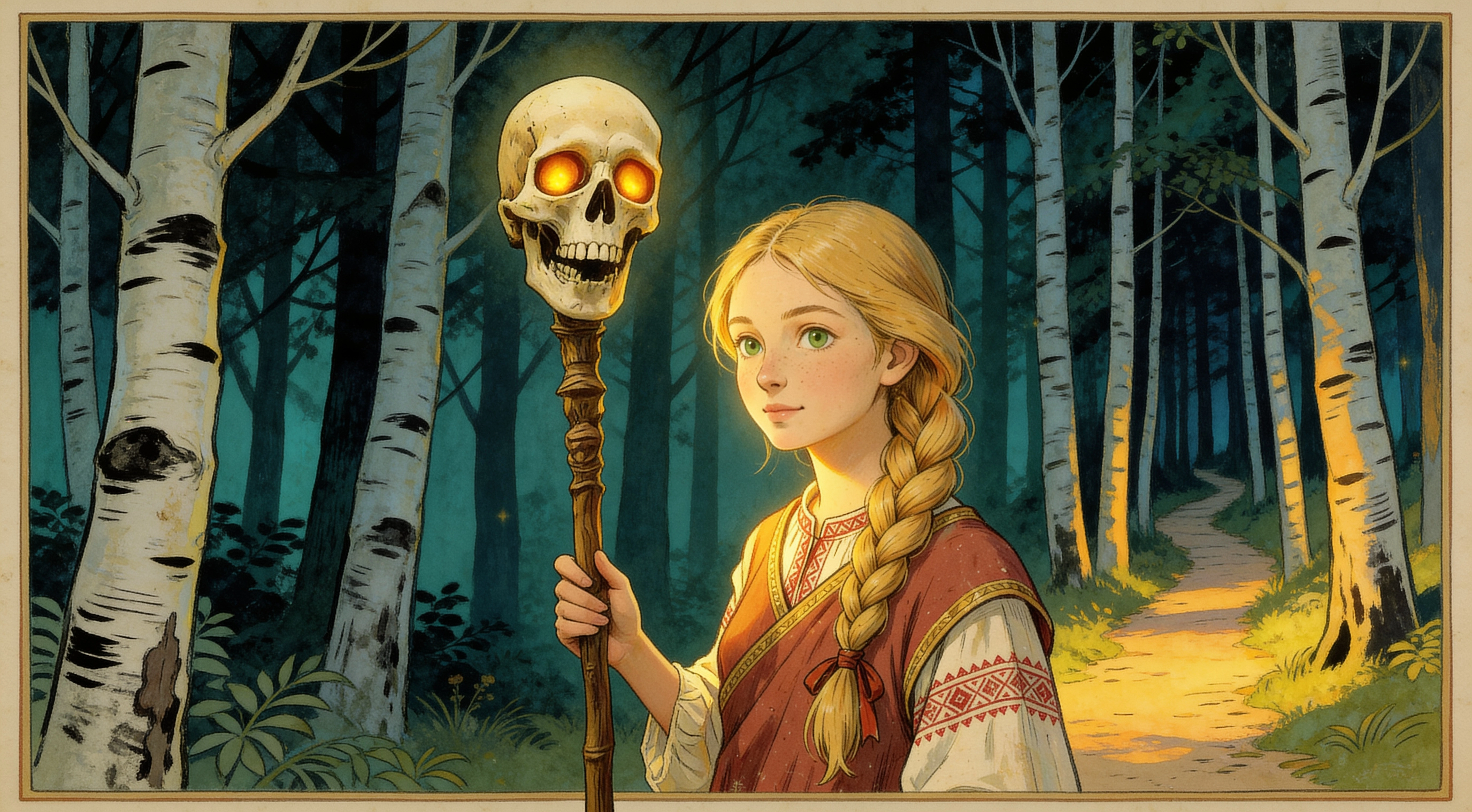 Vasilisa holding the skull lantern given to her by Baba Yaga